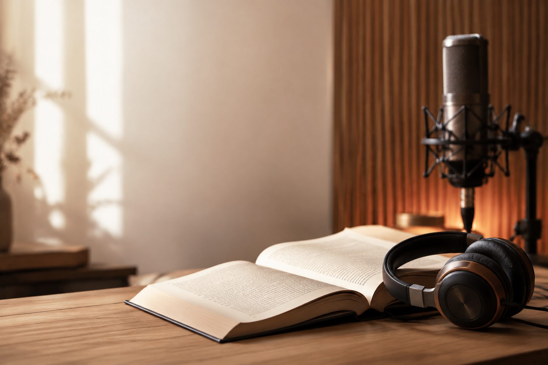 Livre ouvert avec un casque et un microphone de studio sur une table en bois, lumière chaude
