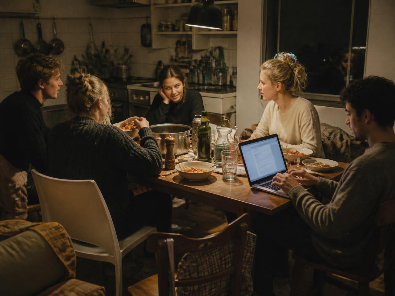 Soirée en colocation dans une cuisine : des amis dînent ensemble, une personne travaille sur son ordinateur