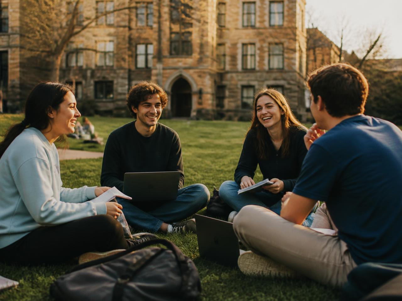Des étudiants assis avec ordinateurs portables et carnets sur une pelouse devant un bâtiment universitaire